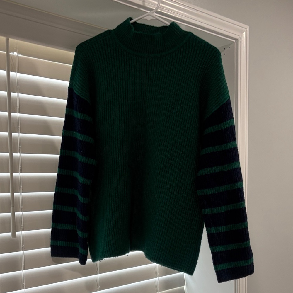 LOFT Emerald and Navy Striped Turtleneck Sweater